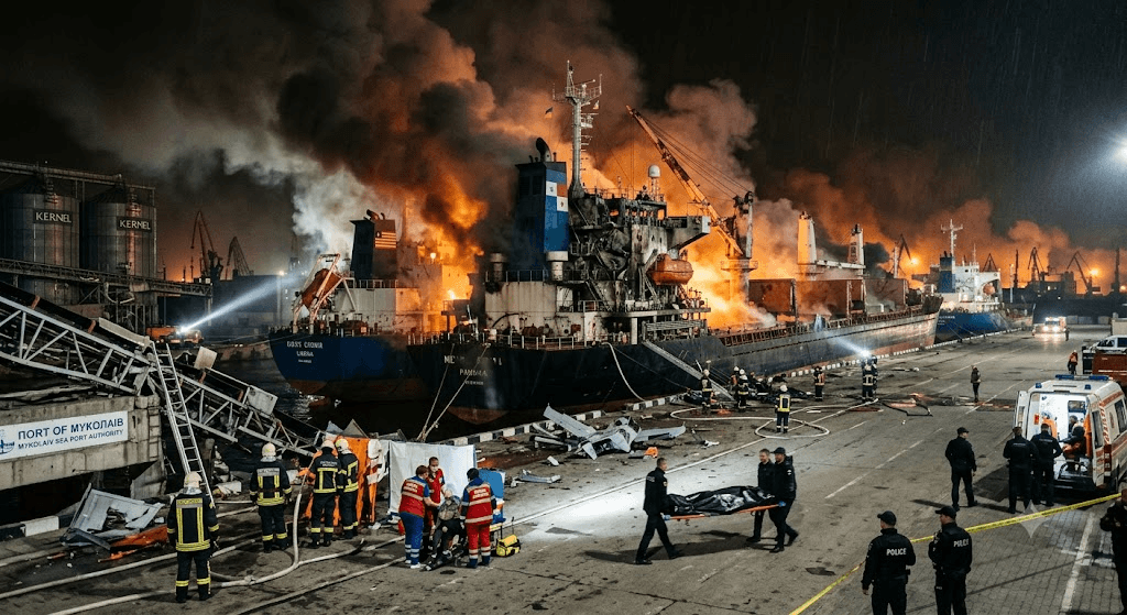 Russian Drone Attack on Mykolaiv Port Leaves 2 Dead, 3 Foreign Ships Damaged Russian Drone Attack on Mykolaiv Port Leaves 2 Dead, 3 Foreign Ships Damaged