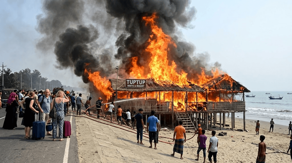 Inferno at Tuputup Resort: Raging Fire Sparks Chaos and Terror Along Cox’s Bazar Marine Drive Inferno at Tuputup Resort: Raging Fire Sparks Chaos and Terror Along Cox’s Bazar Marine Drive