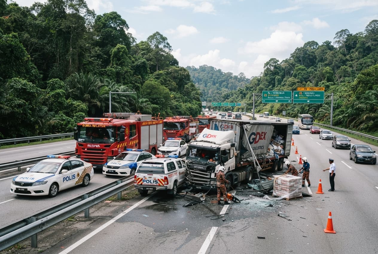 Selangor, Malaysia: Fatal Highway Collision Between Heavy Trailer and Vehicle Leaves Three Dead at Scene Selangor, Malaysia: Fatal Highway Collision Between Heavy Trailer and Vehicle Leaves Three Dead at Scene