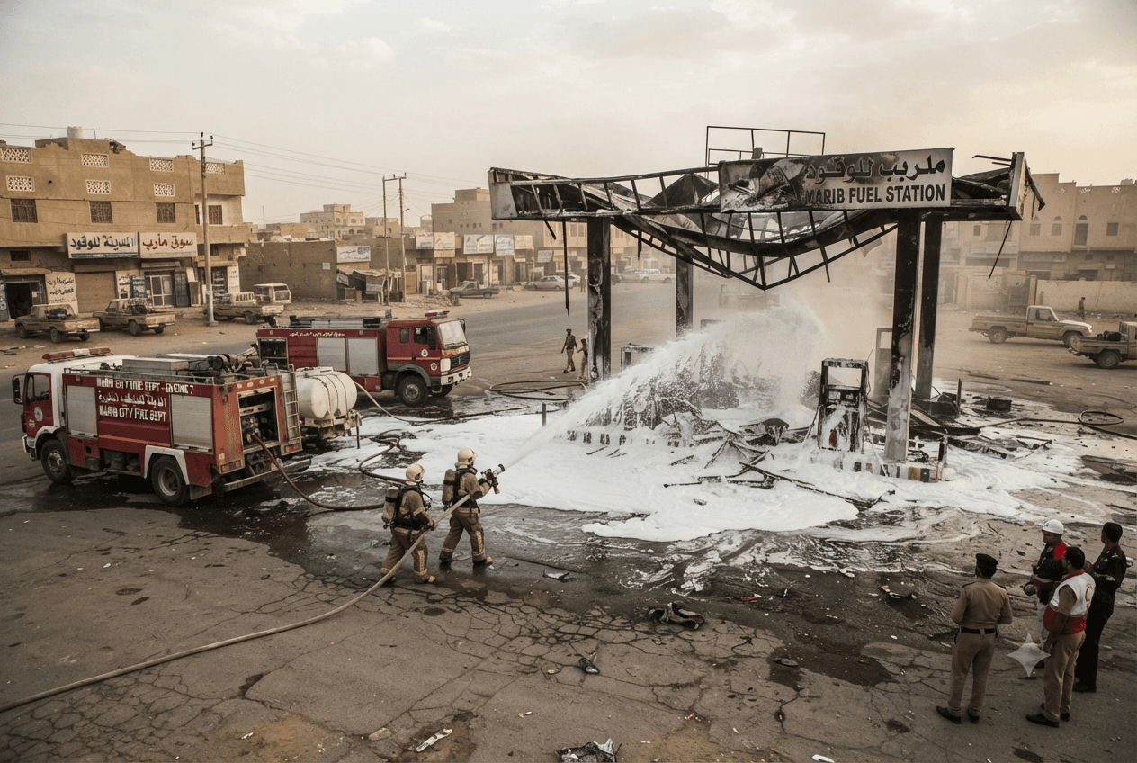 Marib City Blast Tragedy: Fuel Station Explosion Claims One Life and Injures Several Workers Marib City Blast Tragedy: Fuel Station Explosion Claims One Life and Injures Several Workers
