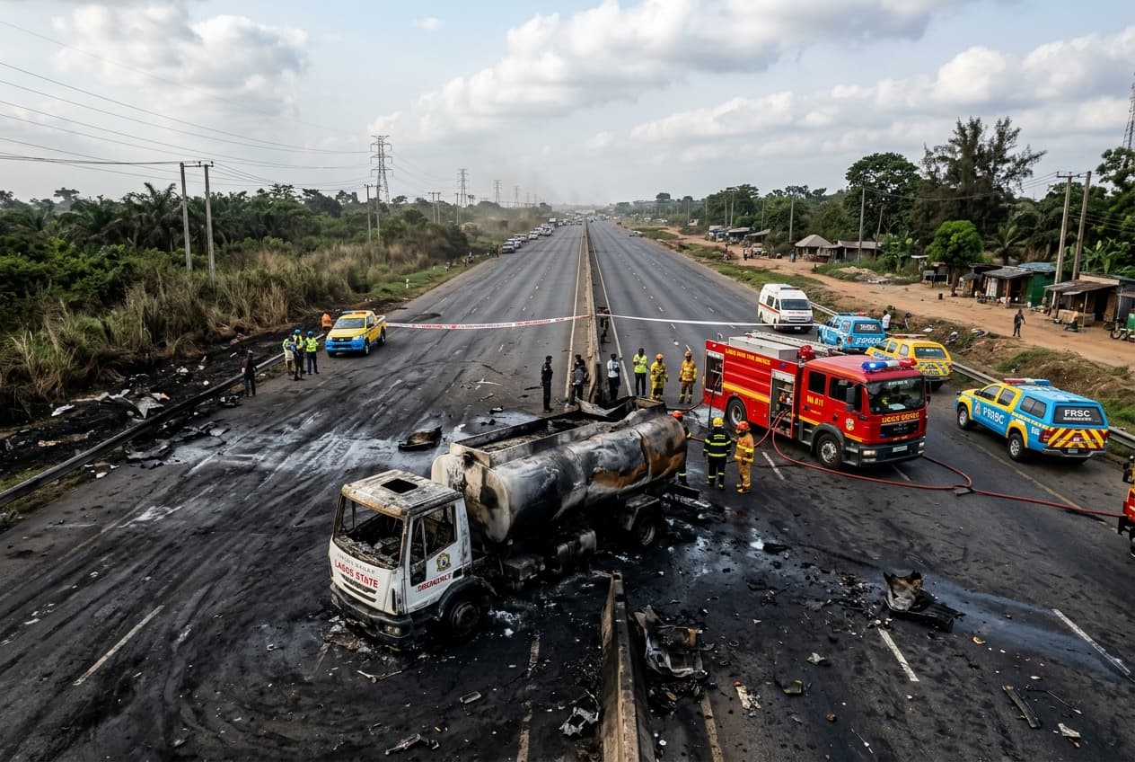 Fuel Tanker And Van Collide Near Lagos, Fireball Erupts, Casualties Feared On Busy Highway Fuel Tanker And Van Collide Near Lagos, Fireball Erupts, Casualties Feared On Busy Highway