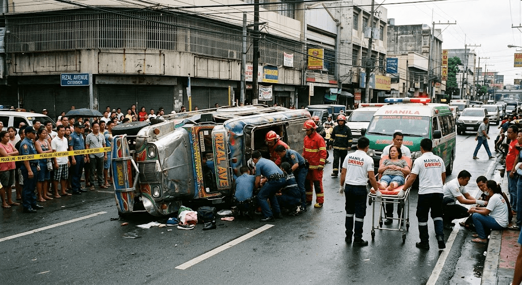 One Dead, Eight Injured as Passenger Jeepney Overturns on Rizal Avenue Extension in Manila One Dead, Eight Injured as Passenger Jeepney Overturns on Rizal Avenue Extension in Manila