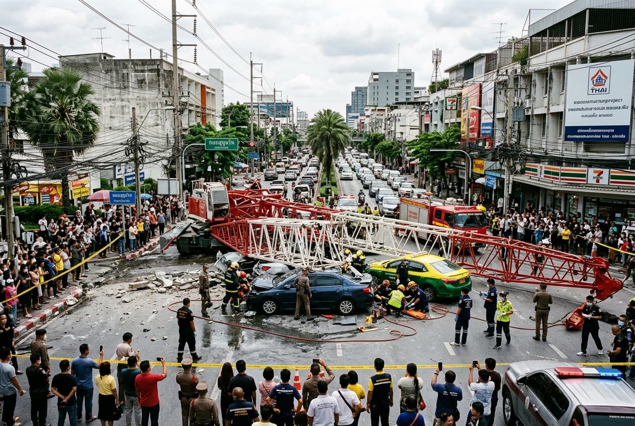 Construction Crane Collapses Onto Busy Bangkok Intersection, Killing Two Pedestrians, Crushing Cars, Motorbikes, Shops Construction Crane Collapses Onto Busy Bangkok Intersection, Killing Two Pedestrians, Crushing Cars, Motorbikes, Shops