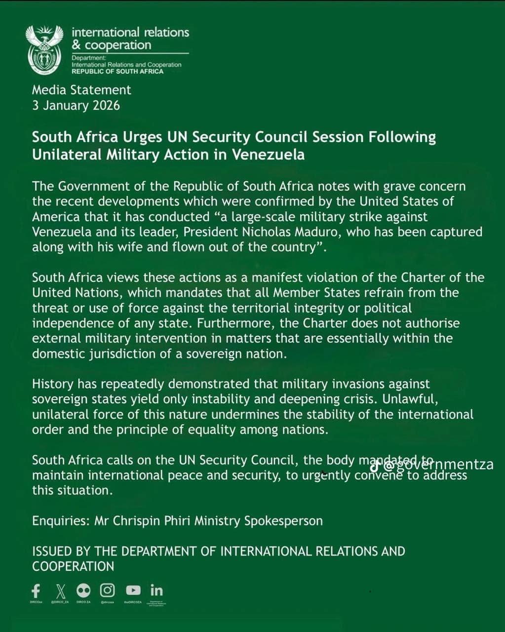 South Africa Challenges Unilateral Force, Calls for Urgent UN Action South Africa Challenges Unilateral Force, Calls for Urgent UN Action