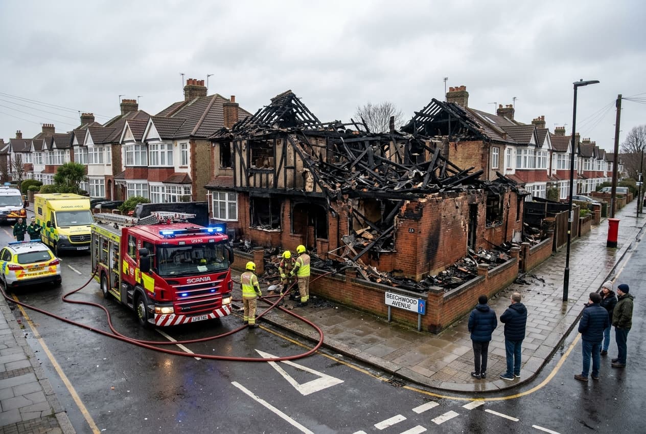 London Fire Brigade Recovers Body From Ruins After Storm Triggers House Fire, Roof Collapsed, Neighbors Evacuated London Fire Brigade Recovers Body From Ruins After Storm Triggers House Fire, Roof Collapsed, Neighbors Evacuated