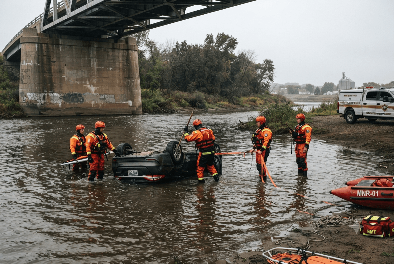River Rescue Operation: First Responders Save Trapped Motorist From Submerged Vehicle in Rochester River Rescue Operation: First Responders Save Trapped Motorist From Submerged Vehicle in Rochester