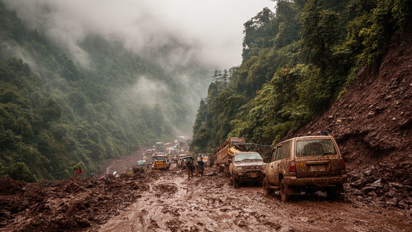 Where Fog Settles Across Mountain Roads, Landslides Interrupt Bhutan’s Fragile Passage Through Rainfall Where Fog Settles Across Mountain Roads, Landslides Interrupt Bhutan’s Fragile Passage Through Rainfall