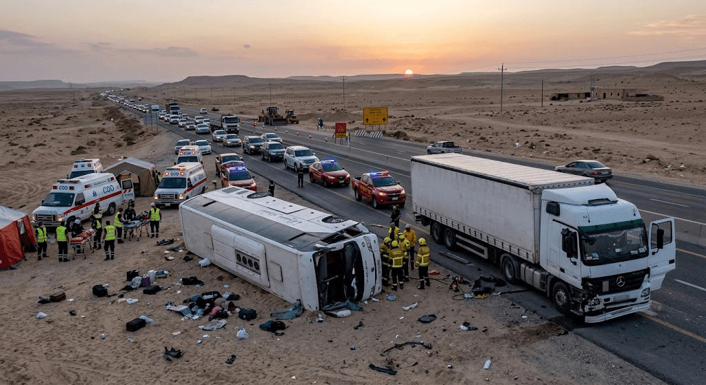 Tragedy on Desert Highway: 5 Dead, 17 Injured in Fatal Jordan Bus Crash Tragedy on Desert Highway: 5 Dead, 17 Injured in Fatal Jordan Bus Crash