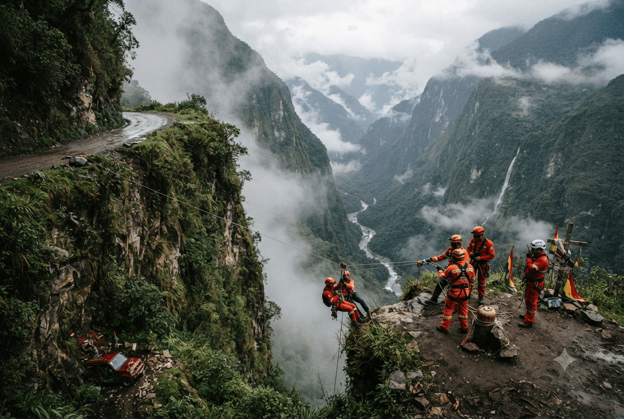 La Paz-Yungas Highway Disaster: Bus Plunges Two Hundred Meters into Canyon, Leaving Twelve Dead La Paz-Yungas Highway Disaster: Bus Plunges Two Hundred Meters into Canyon, Leaving Twelve Dead