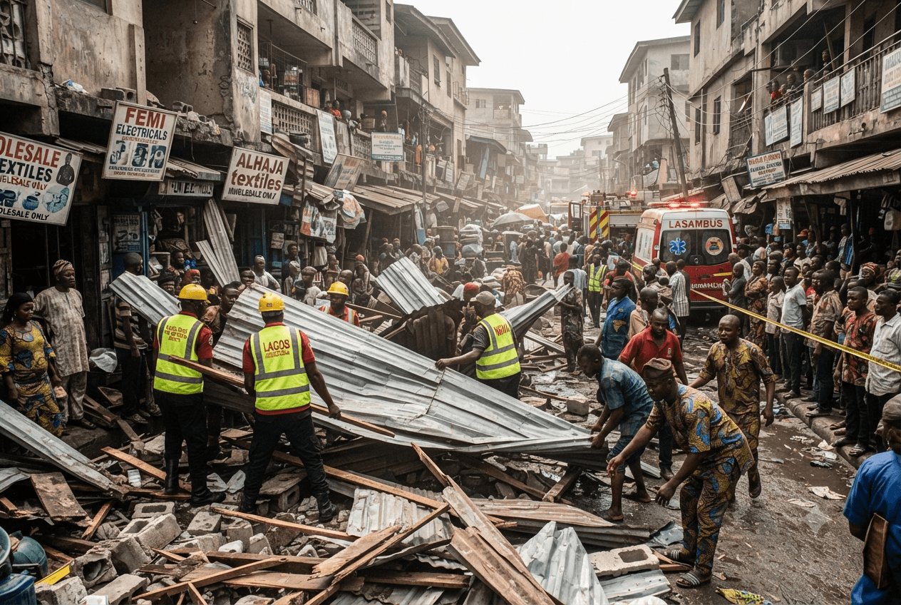 Lagos Commercial Disaster: Open-Air Market Roof Collapse Leaves Five Dead and Dozens Trapped Lagos Commercial Disaster: Open-Air Market Roof Collapse Leaves Five Dead and Dozens Trapped