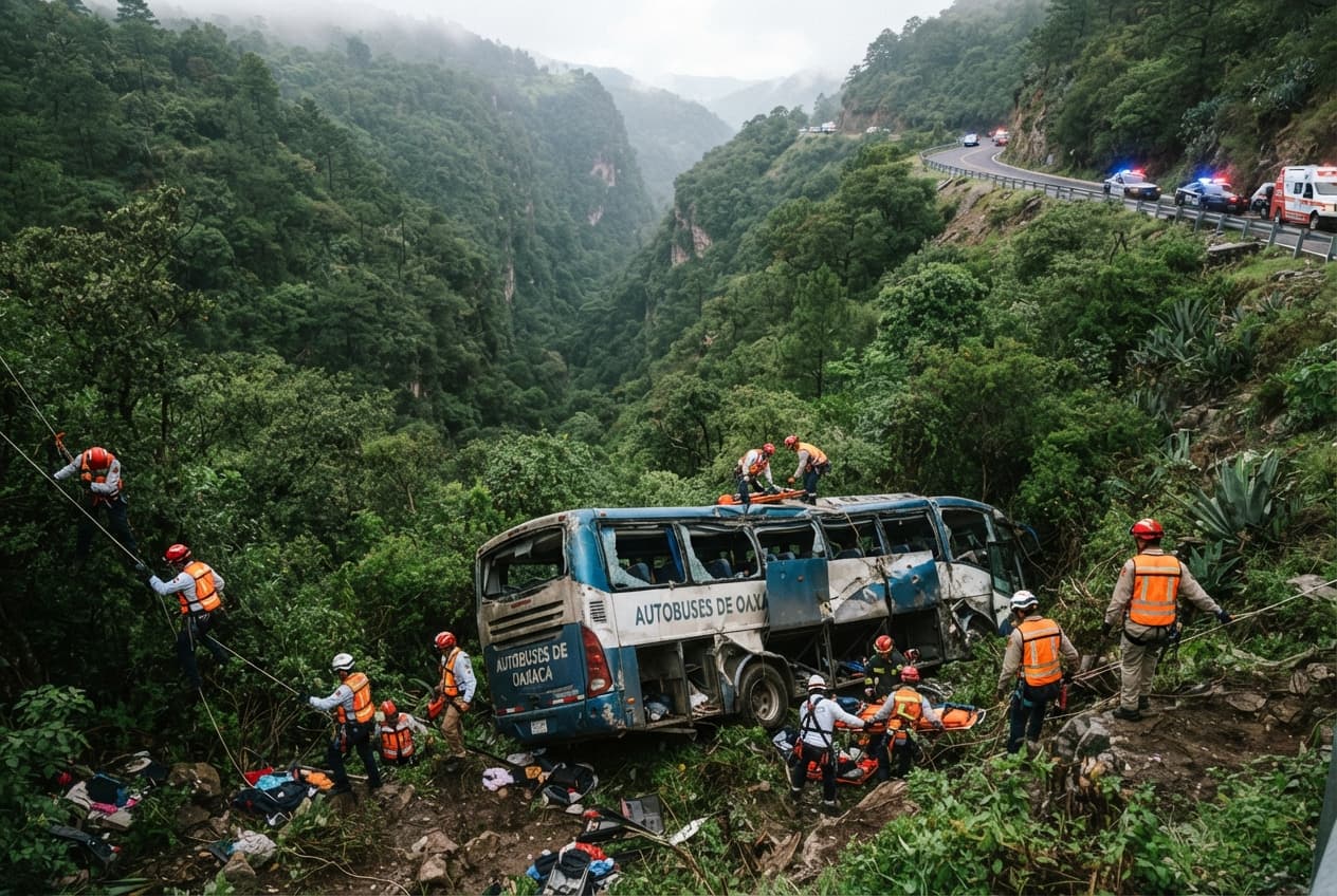 Tourist Bus Derails on Mountain Pass: Six Dead in Severe Oaxaca Highway Accident Tourist Bus Derails on Mountain Pass: Six Dead in Severe Oaxaca Highway Accident
