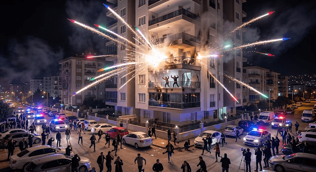 Celebration Turns to Terror: Rogue Fireworks Hit Seventh-Floor Balcony in Southern Turkey, Injuring Two Celebration Turns to Terror: Rogue Fireworks Hit Seventh-Floor Balcony in Southern Turkey, Injuring Two