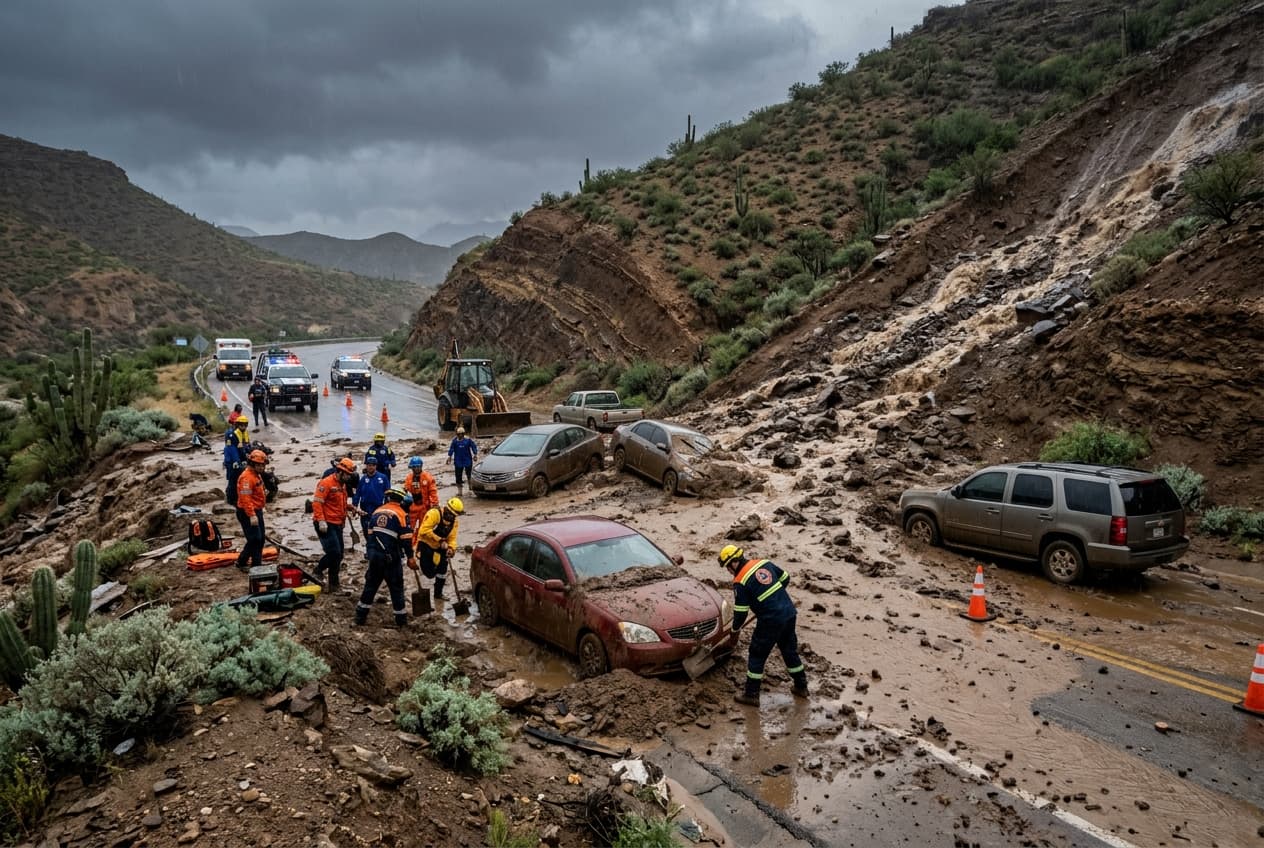 Twin Pacific Storms Slam Baja California, Mudslides Bury Roads, Five Reported Missing After Midnight Twin Pacific Storms Slam Baja California, Mudslides Bury Roads, Five Reported Missing After Midnight