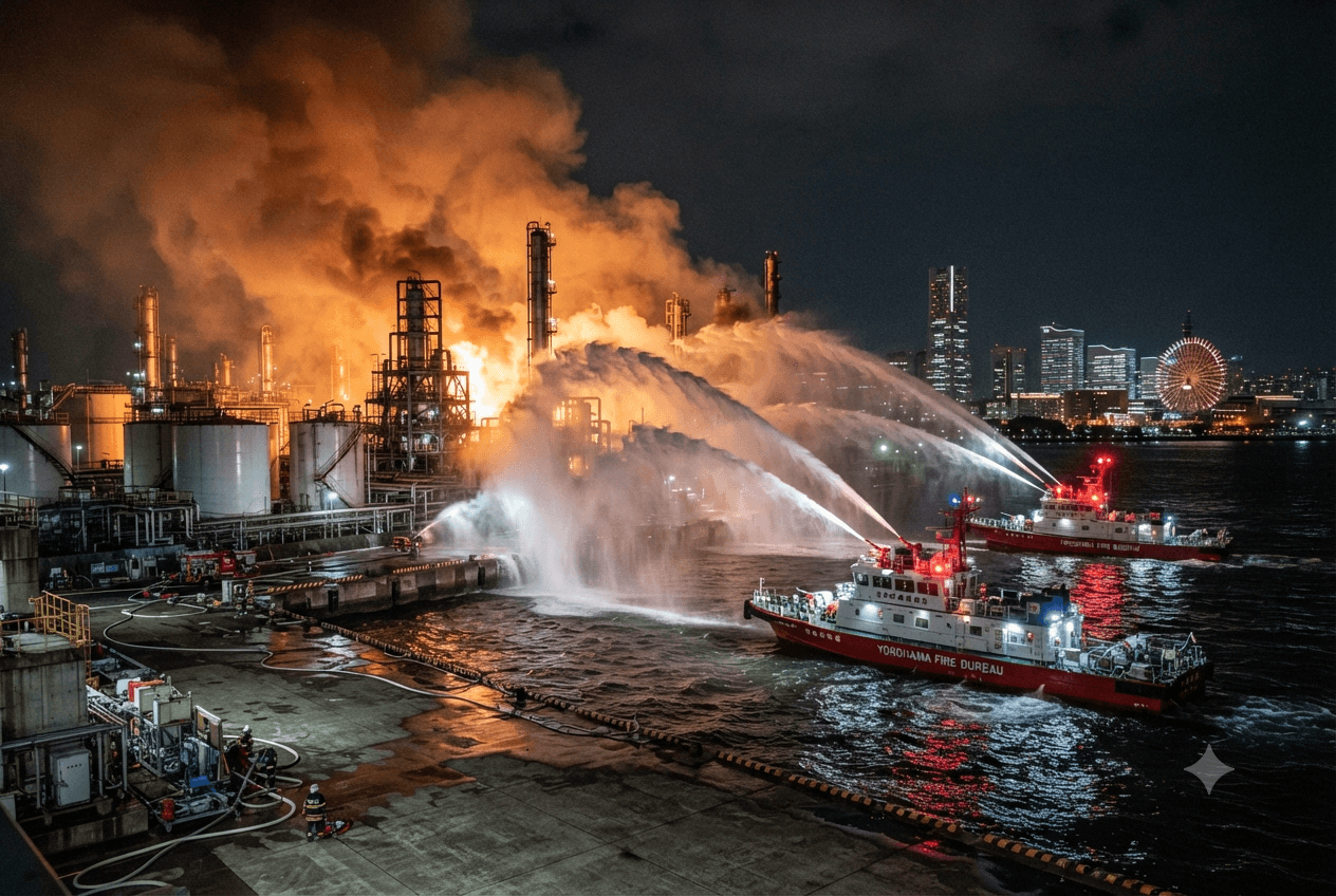 Chemical Plant Disaster: Yokohama Emergency Services Battle Massive Fire Following Blast at Industrial Facility Chemical Plant Disaster: Yokohama Emergency Services Battle Massive Fire Following Blast at Industrial Facility