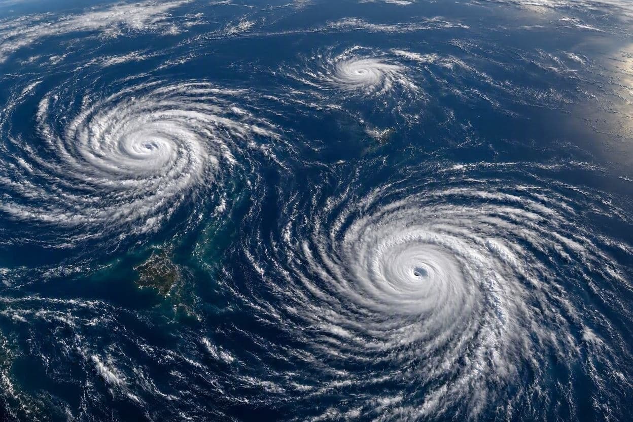 Three hurricanes dance across the ocean stage. Three hurricanes dance across the ocean stage.
