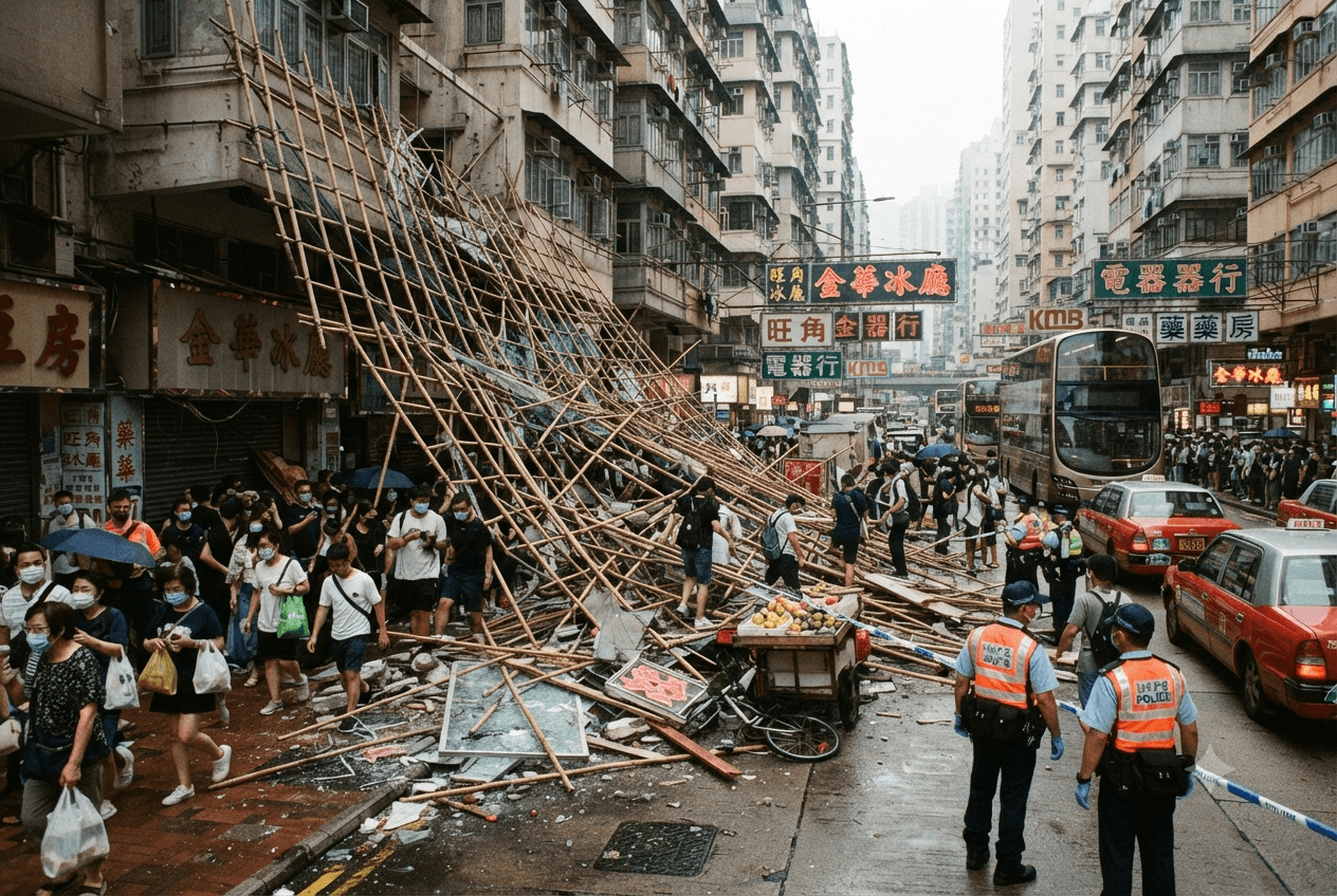 Urban Construction Disaster: Scaffold Plummets from Mong Kok Building and Crushes Pedestrians Urban Construction Disaster: Scaffold Plummets from Mong Kok Building and Crushes Pedestrians