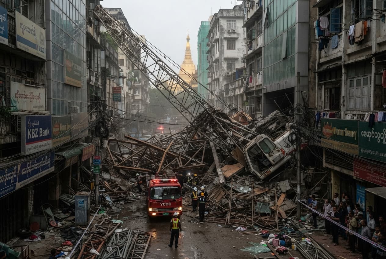 Yangon Building Site Tragedy: Two Dead After Heavy Tower Crane Collapses in Business District Yangon Building Site Tragedy: Two Dead After Heavy Tower Crane Collapses in Business District