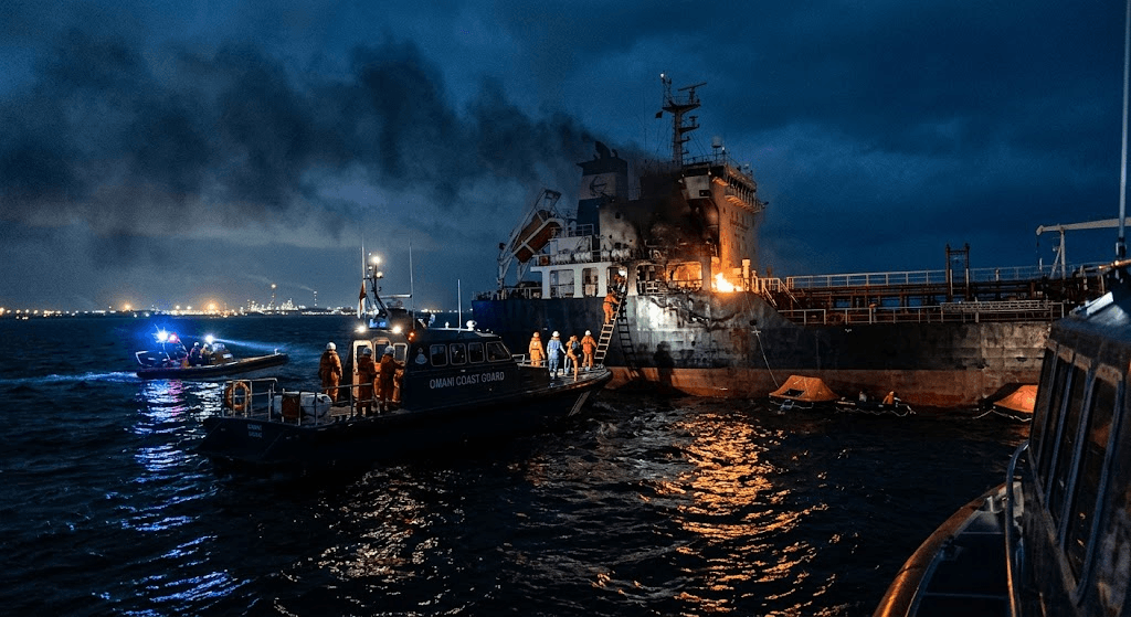 Drone Strike at Sea: Tanker Attacked Near Oman, Crew Evacuated in Emergency Drone Strike at Sea: Tanker Attacked Near Oman, Crew Evacuated in Emergency