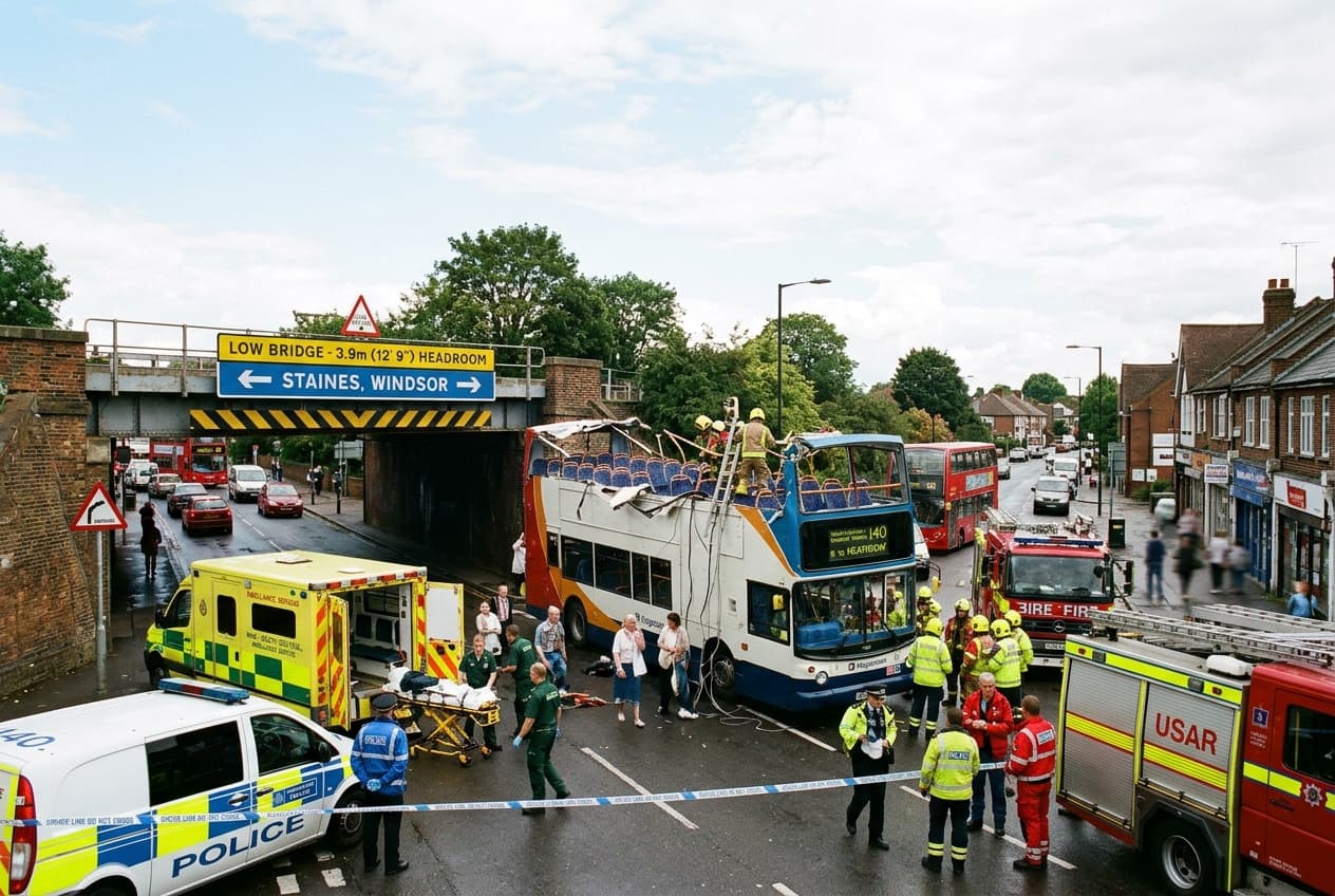 Double-Decker Bus Smashes Into Bridge Overpass in Britain: Nine Passengers Injured as Roof Ripped Off Bus Double-Decker Bus Smashes Into Bridge Overpass in Britain: Nine Passengers Injured as Roof Ripped Off Bus