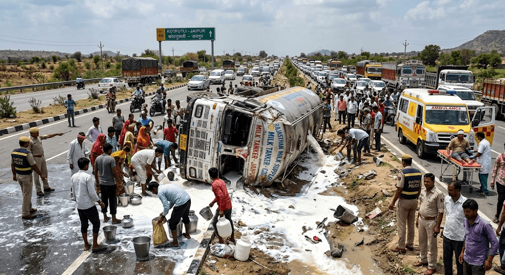 Chaos on Highway: Milk Tanker Flips Near Kotputli, Spilling Thousands of Liters; Driver Injured Chaos on Highway: Milk Tanker Flips Near Kotputli, Spilling Thousands of Liters; Driver Injured