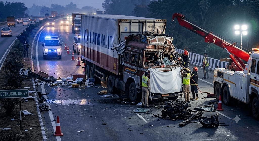 Midnight Disaster on NH27: Two Dead After Speeding Truck Slams Into Parked Semi at Betkuchi Midnight Disaster on NH27: Two Dead After Speeding Truck Slams Into Parked Semi at Betkuchi