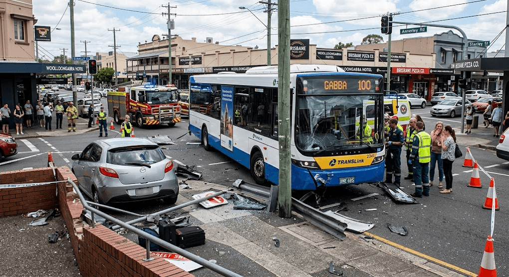 Chaos in Woolloongabba: Brisbane Bus Crash Leaves Trail of Destruction Chaos in Woolloongabba: Brisbane Bus Crash Leaves Trail of Destruction