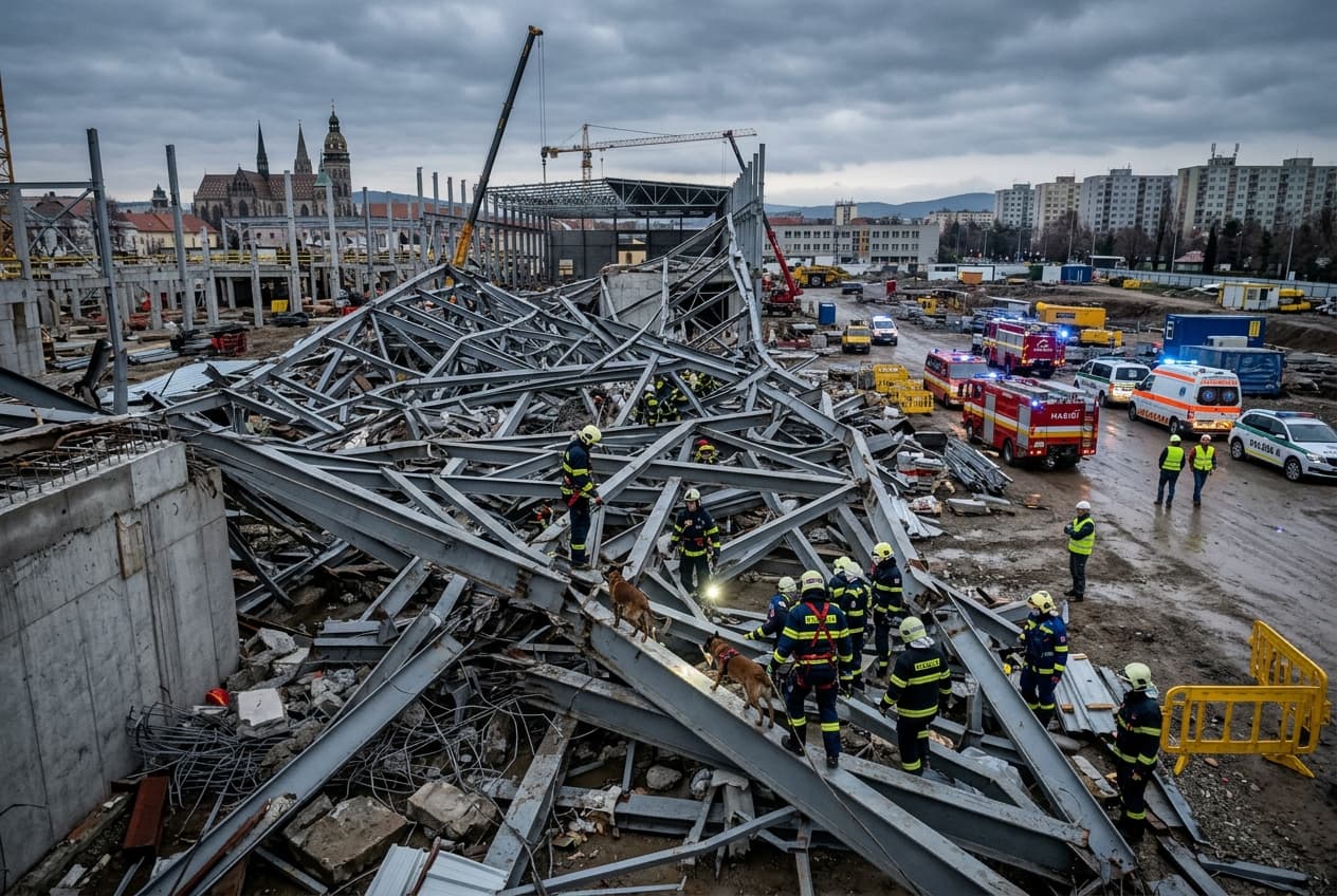 Industrial Roof Collapse Traps Three Workers At Construction Site, Emergency Crews Respond In Kosice Industrial Roof Collapse Traps Three Workers At Construction Site, Emergency Crews Respond In Kosice