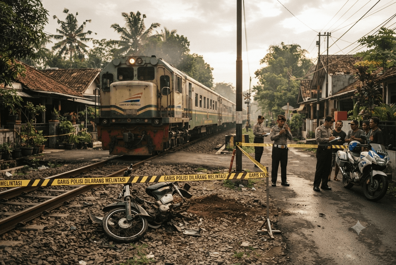 Train Collision in Yogyakarta: Motorcycle Struck at Level Crossing Resulting in Two Fatalities Today Train Collision in Yogyakarta: Motorcycle Struck at Level Crossing Resulting in Two Fatalities Today