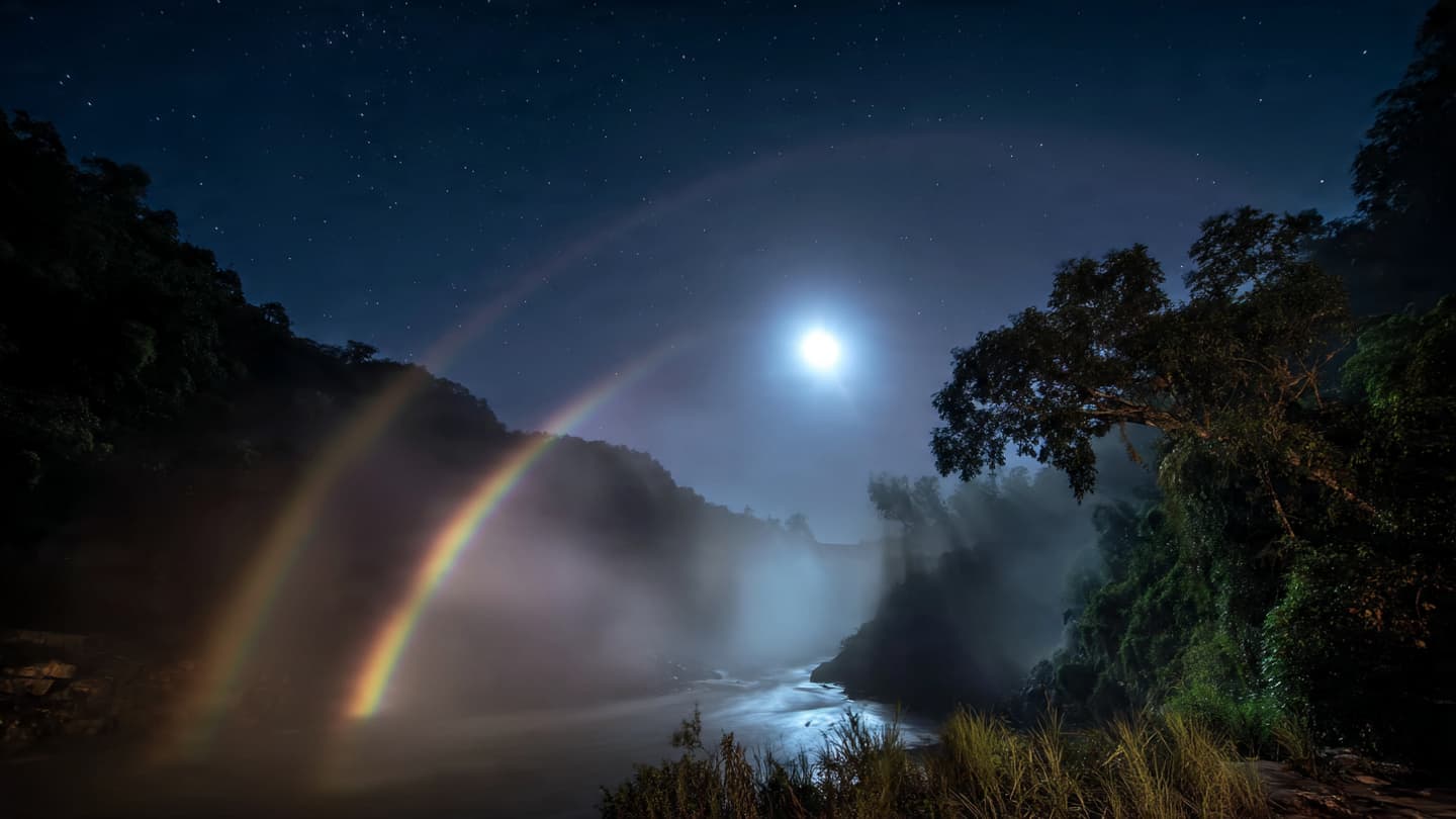 Beneath the Full Moon, a Faint Rainbow Quietly Crosses the Night Sky Beneath the Full Moon, a Faint Rainbow Quietly Crosses the Night Sky
