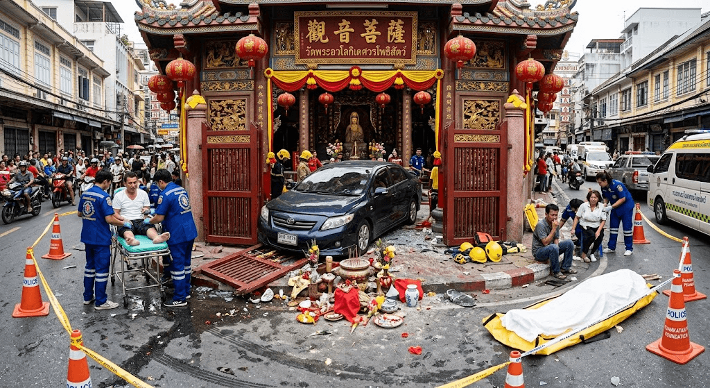 Tragic Crash in Yaowarat: Car Rams Into Historic Guanyin Shrine, Leaving 1 Dead, 2 Injured Tragic Crash in Yaowarat: Car Rams Into Historic Guanyin Shrine, Leaving 1 Dead, 2 Injured