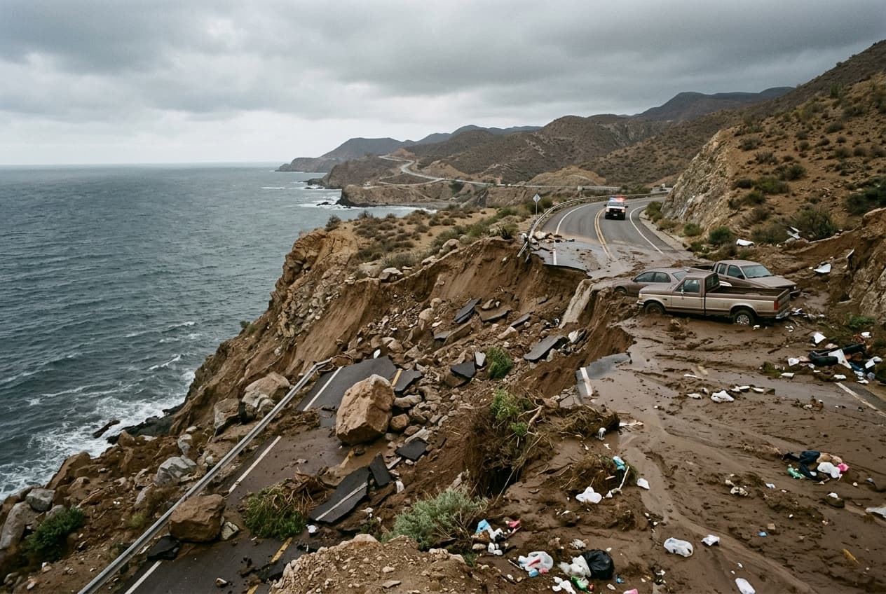 Coastal Roads Washed Out In Baja California, Four Drivers Missing, Mudslides Bury Highway, Traffic Halted Coastal Roads Washed Out In Baja California, Four Drivers Missing, Mudslides Bury Highway, Traffic Halted