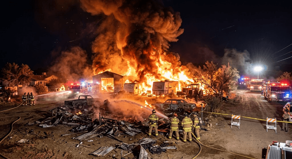 Inferno in Tonopah: Massive Blaze Engulfs Property as Firefighters Battle Raging Flames Inferno in Tonopah: Massive Blaze Engulfs Property as Firefighters Battle Raging Flames