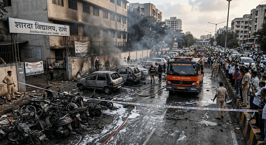 Inferno Near Thane School: Massive Roadside Blaze Guts 23 Vehicles Inferno Near Thane School: Massive Roadside Blaze Guts 23 Vehicles