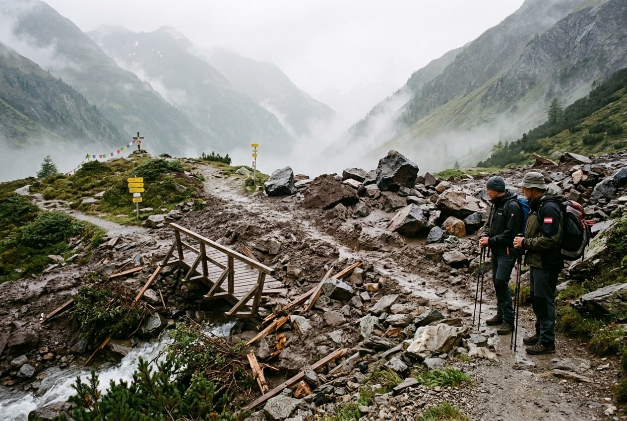 Mudslide Crushes Hiking Trail In Austrian Alps, Three Injured, Debris Buries Path, Teams Search Under Mud Mudslide Crushes Hiking Trail In Austrian Alps, Three Injured, Debris Buries Path, Teams Search Under Mud