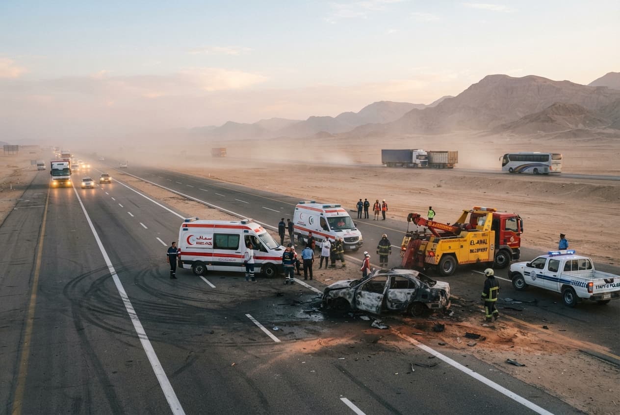 Alexandria, Egypt: Multi-Vehicle Highway Collision Leaves Six Dead, Stalling Traffic Along Desert Route Alexandria, Egypt: Multi-Vehicle Highway Collision Leaves Six Dead, Stalling Traffic Along Desert Route