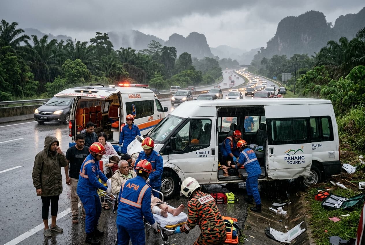 Tourist Van Skids in Pahang, Hits Divider, Two Dead, Five Injured, Emergency Crews Rush To Scene Tourist Van Skids in Pahang, Hits Divider, Two Dead, Five Injured, Emergency Crews Rush To Scene