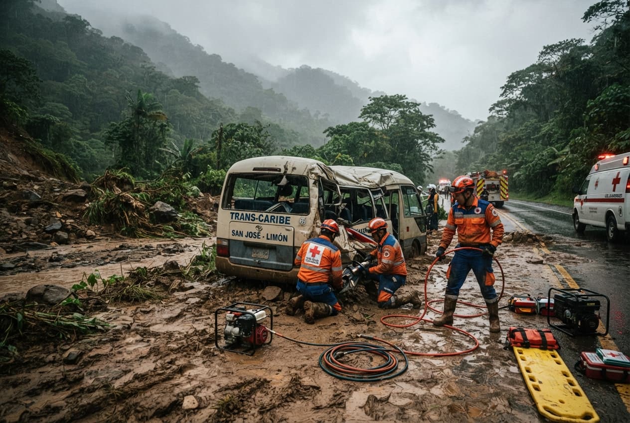 Costa Rica Highway Disaster: Landslide Blocks Route 32, Crushing Passenger Minibus and Killing Two Costa Rica Highway Disaster: Landslide Blocks Route 32, Crushing Passenger Minibus and Killing Two
