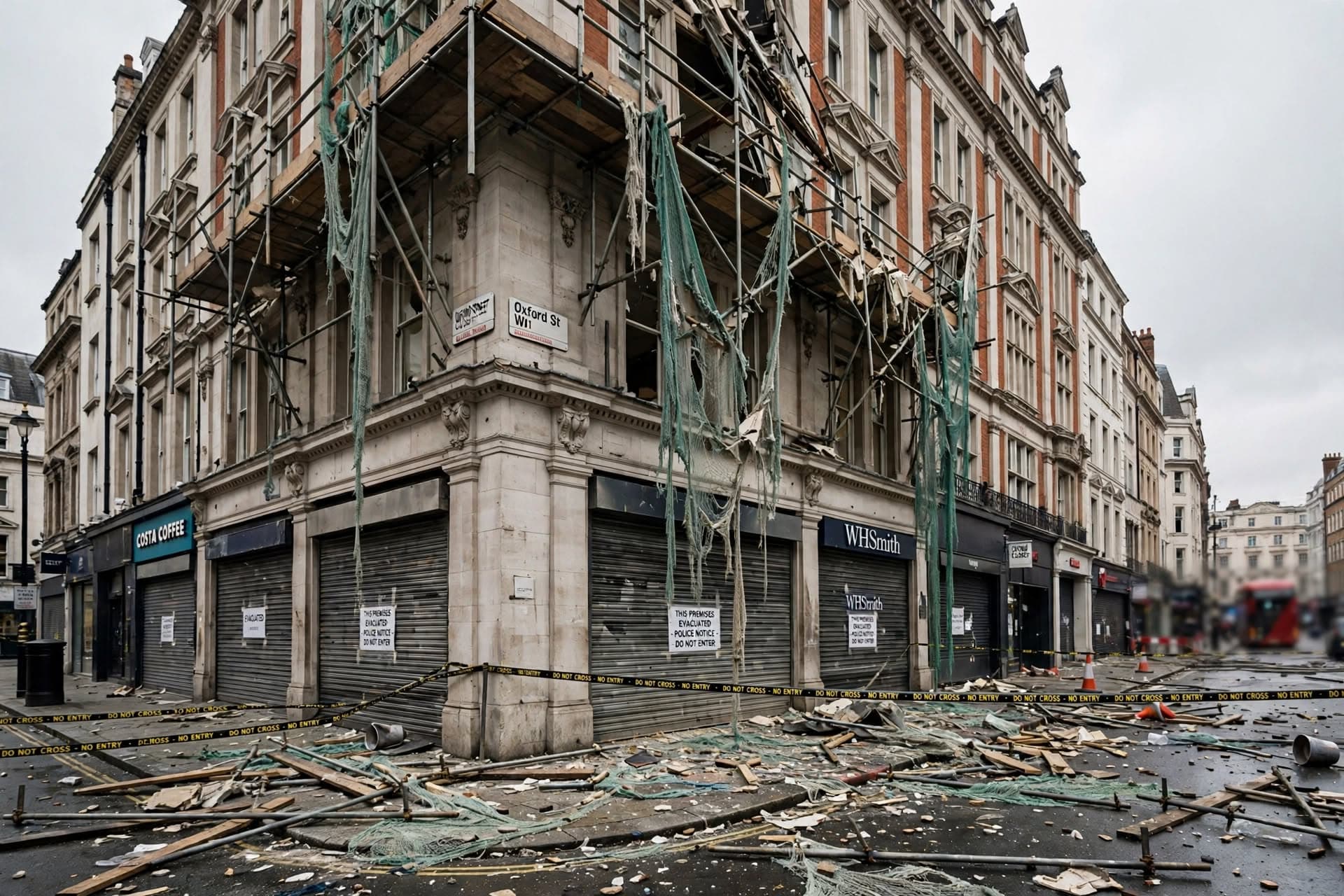 Scaffolding Collapse Hits Busy London Sidewalk, Three Injured, Pedestrians Trapped Under Debris, Emergency Teams Rush Scaffolding Collapse Hits Busy London Sidewalk, Three Injured, Pedestrians Trapped Under Debris, Emergency Teams Rush