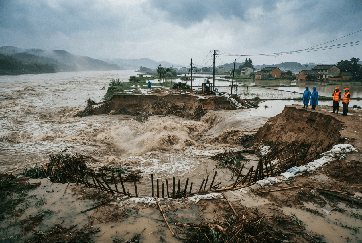 Eastern China Flood Crisis: River Embankment Rupture Inundates Villages and Claims Five Drowning Lives Eastern China Flood Crisis: River Embankment Rupture Inundates Villages and Claims Five Drowning Lives