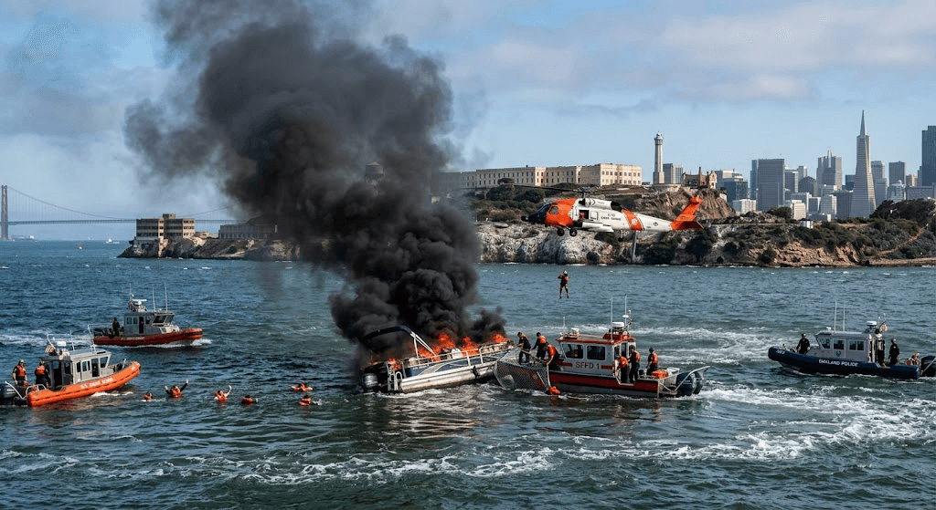 Inferno at Alcatraz: Rescue Crews Race to Save Passengers After Pontoon Boat Ignites Inferno at Alcatraz: Rescue Crews Race to Save Passengers After Pontoon Boat Ignites