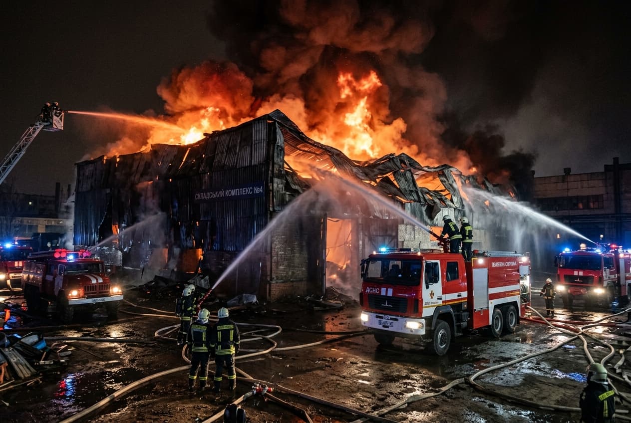 Shelling Strikes Kyiv Commercial District, Logistics Facility Fire Causes Extensive Property Destruction Shelling Strikes Kyiv Commercial District, Logistics Facility Fire Causes Extensive Property Destruction