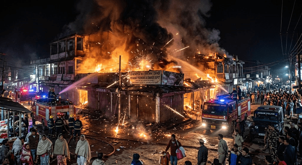 Massive Blaze Engulfs Assam's Bokakhat Town, Destroying Shops and Cracker Warehouse Massive Blaze Engulfs Assam's Bokakhat Town, Destroying Shops and Cracker Warehouse