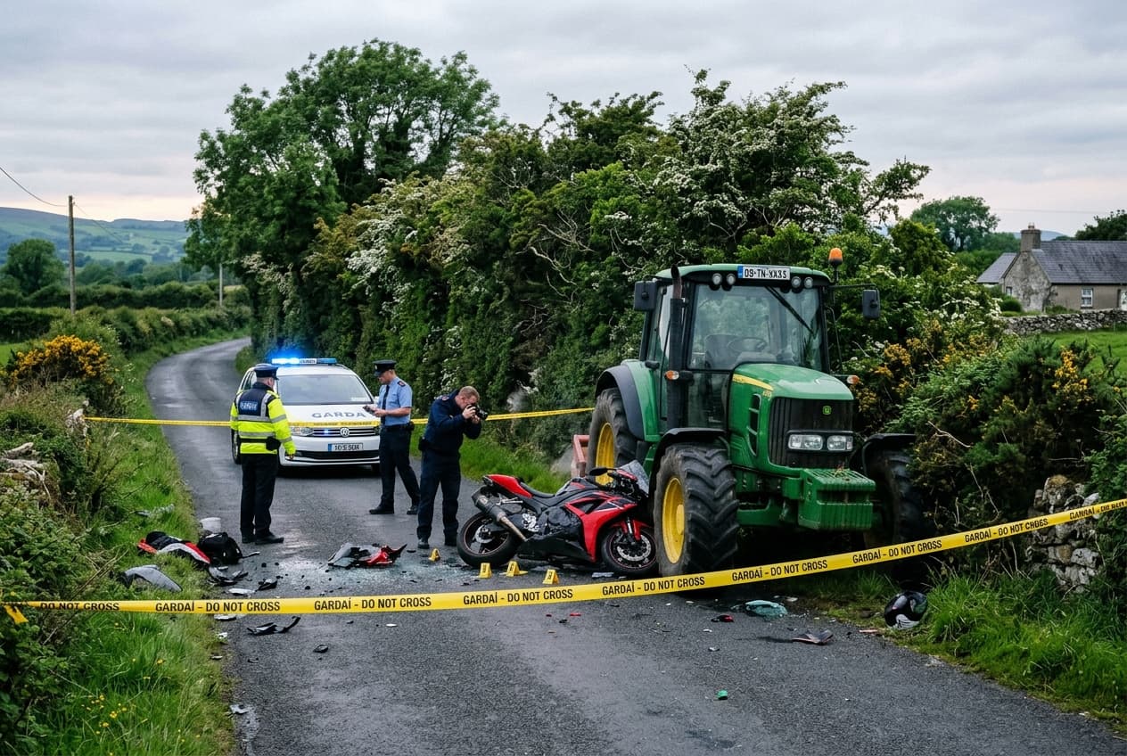 Tractor Turns, Bike Crashes in Tipperary: Motorcycle and Tractor Collision Kills Rider, Road Closed for Hours Tractor Turns, Bike Crashes in Tipperary: Motorcycle and Tractor Collision Kills Rider, Road Closed for Hours