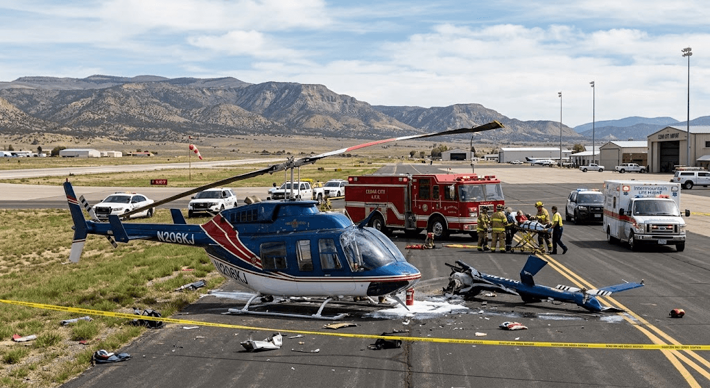 Bell 206 Helicopter Loses Control and Crashes on Utah Airport Taxiway, Injuring 2 Bell 206 Helicopter Loses Control and Crashes on Utah Airport Taxiway, Injuring 2