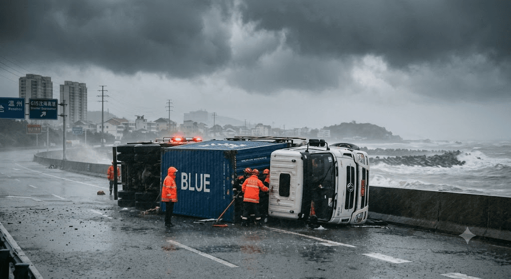 Fierce Winds of Typhoon Dolphin Flip Truck as Storm Hits Eastern China Fierce Winds of Typhoon Dolphin Flip Truck as Storm Hits Eastern China