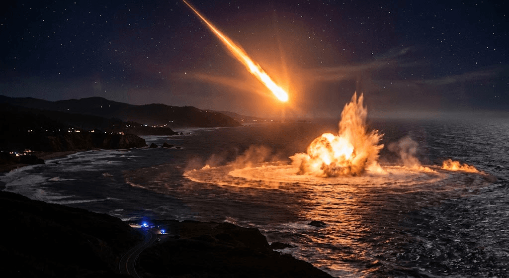 Night Sky Ablaze: Mysterious Flaming Object Crashes into Sea, Spurring Loud Explosions Night Sky Ablaze: Mysterious Flaming Object Crashes into Sea, Spurring Loud Explosions
