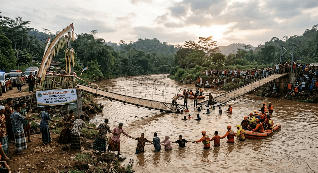 Java Bridge Collapse: Chaos and Injuries as Suspension Span Falls on Opening Day Java Bridge Collapse: Chaos and Injuries as Suspension Span Falls on Opening Day