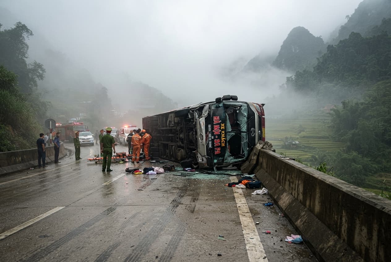 Fatal Bus Overturn: Slippery Mountain Pass Conditions Cause Four Deaths In Lao Cai Province Fatal Bus Overturn: Slippery Mountain Pass Conditions Cause Four Deaths In Lao Cai Province