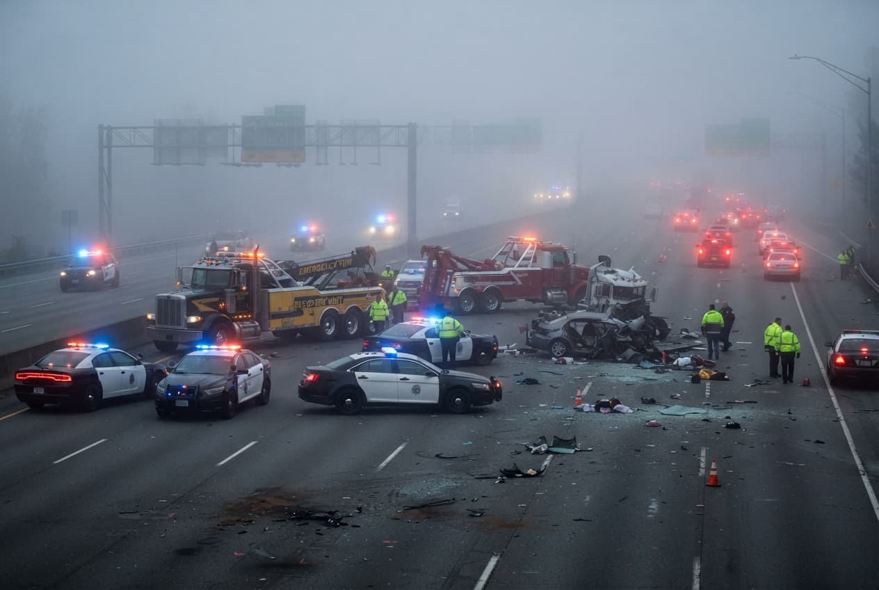 Highway Carnage Unfolds: Four Dead In Massive Multivehicle Expressway Pileup Triggered By Fog Highway Carnage Unfolds: Four Dead In Massive Multivehicle Expressway Pileup Triggered By Fog