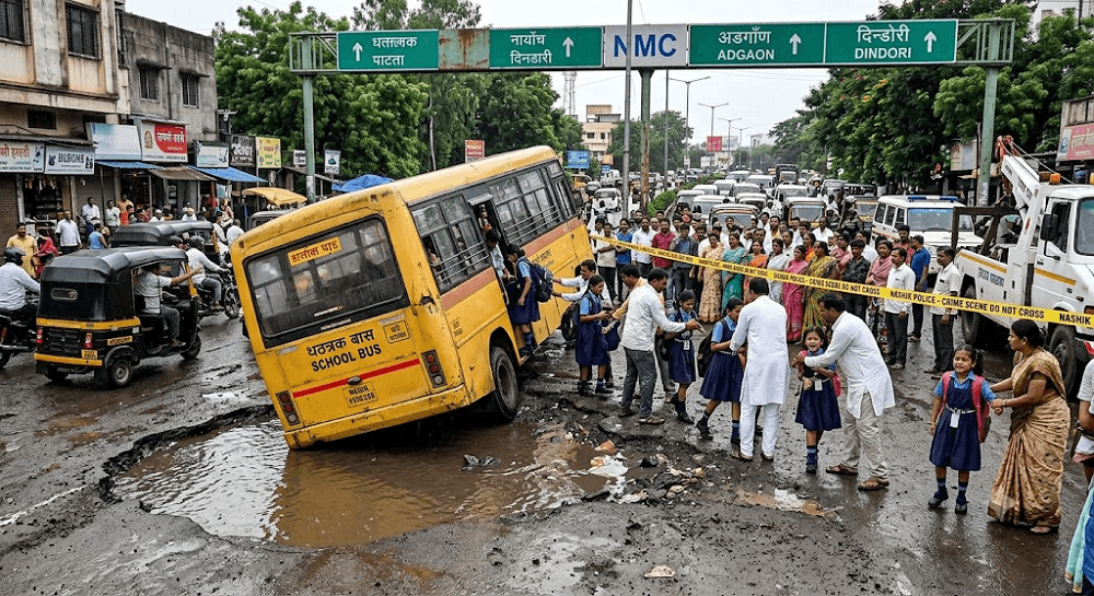 Morning Scare in Nashik: School Bus Packed with Up to 40 Students Trapped in Deep Pothole Morning Scare in Nashik: School Bus Packed with Up to 40 Students Trapped in Deep Pothole